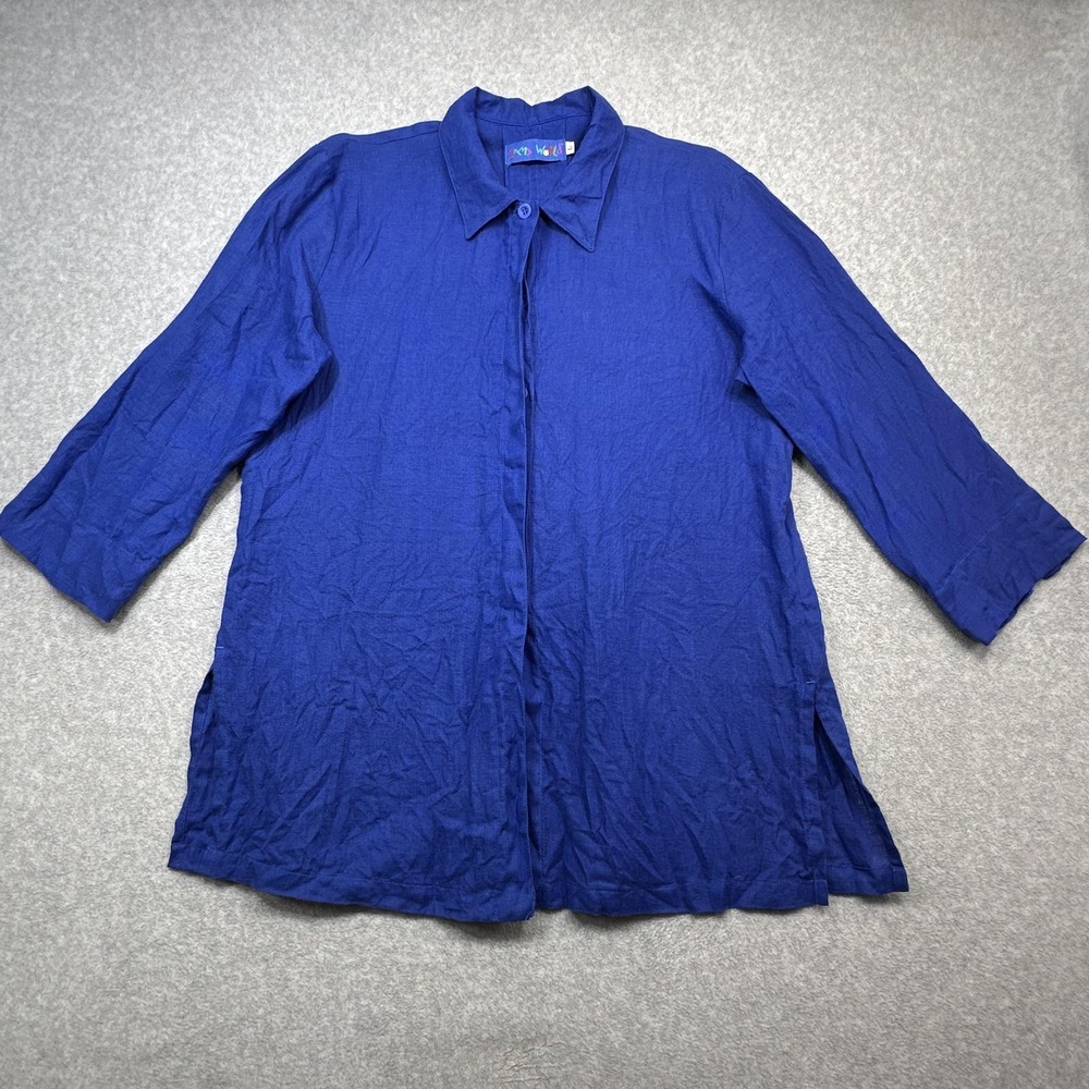 Jams World Shirt Womens Large Blue Linen 3/4 Sleeve Button Tunic Top Summer